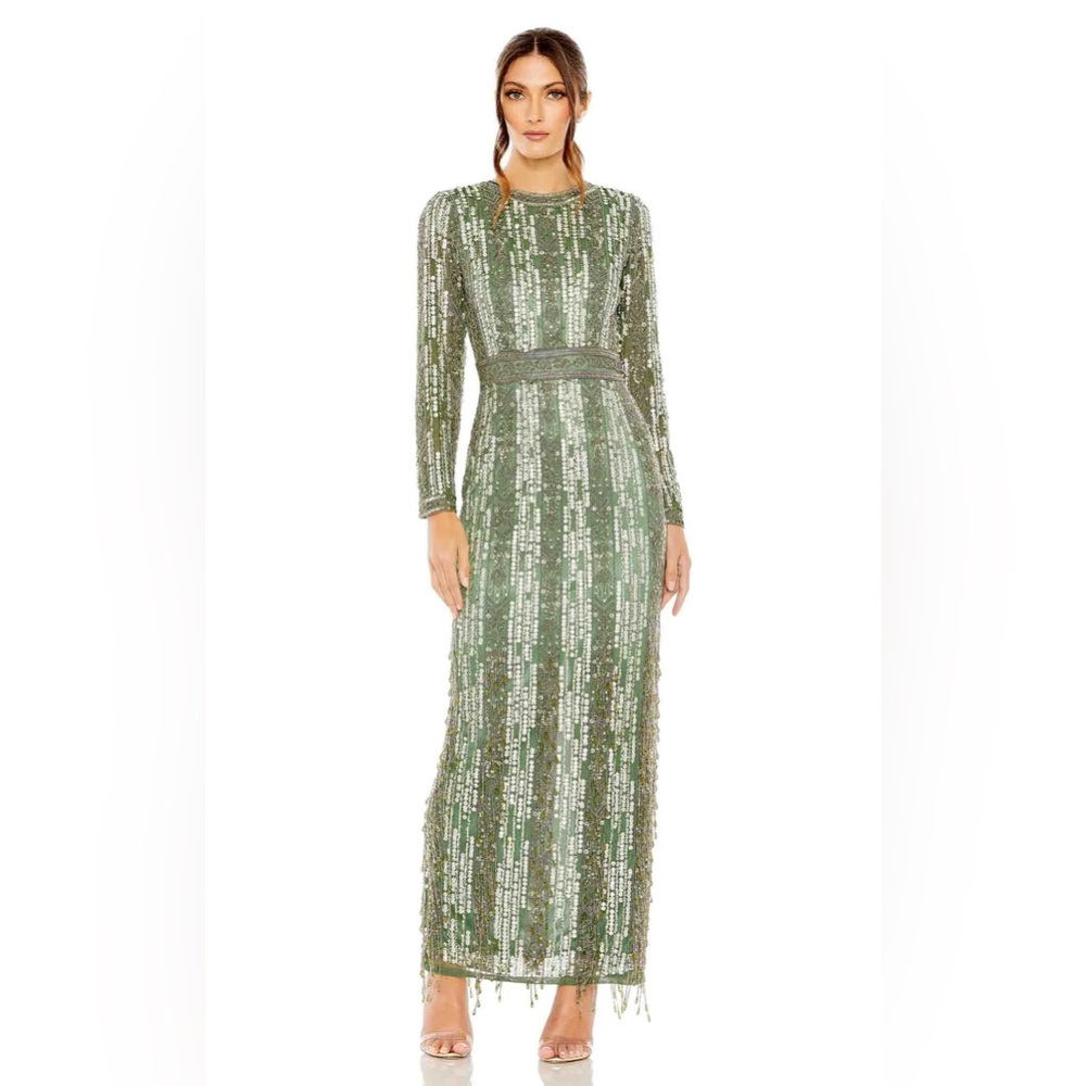 NWT MAC DUGGAL High Neck Long Sleeve Crystal Fringe Column Gown size 12